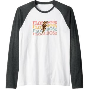 image:imageFloss Boss  Dental Specialist Dental Gifts Raglan Baseball TeeDark Heather GreyWhite