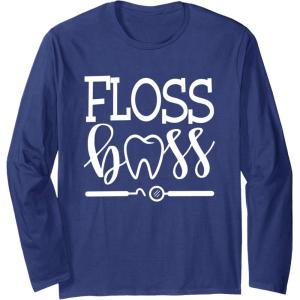 image:imageFloss Boss Dentist Dental Hygienist amp Assistant Gift Long Sleeve TShirtNavy Blue