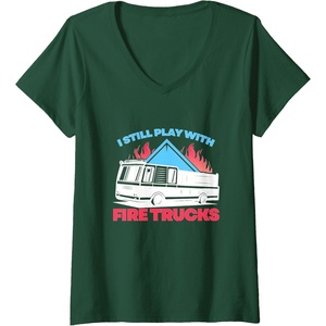 image:imageWomens Fire Trucks  First Responder Gift VNeck TShirtDark Green