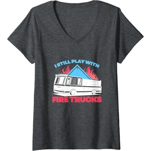 image:imageWomens Fire Trucks  First Responder Gift VNeck TShirtDark Heather Grey